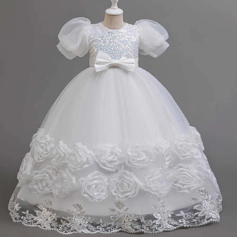 Flower Appliqués and Sequin Design Girls Long Party Dresses childrensterritory