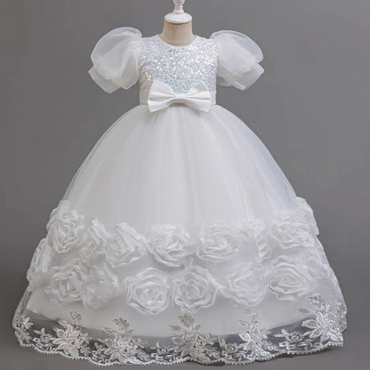 Flower Appliqués and Sequin Design Girls Long Party Dresses childrensterritory