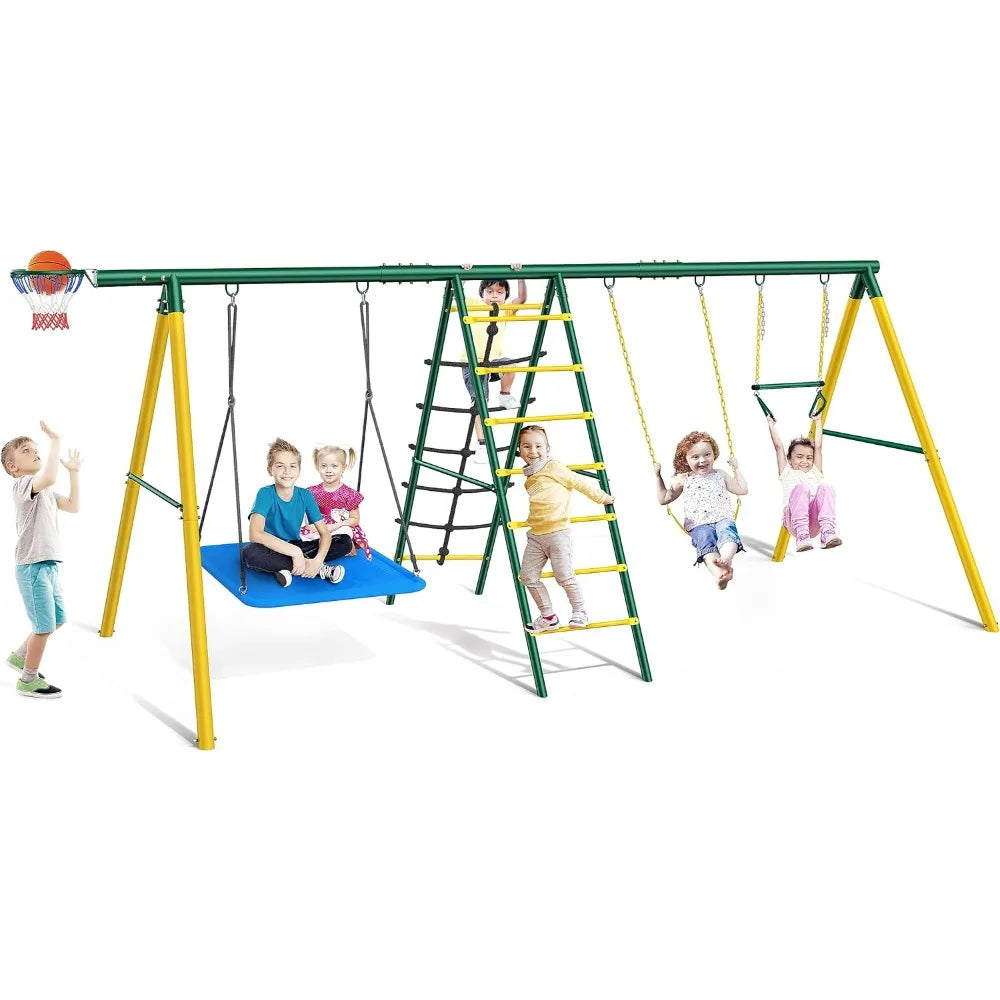 6 in 1 Kids Heavy-Duty Metal Swing Sets for Backyard