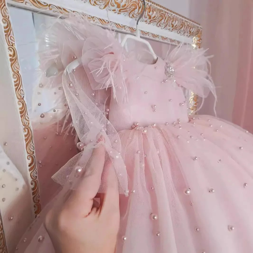 Pearl Decorated Puffy Pink Princess Dress for Girl&