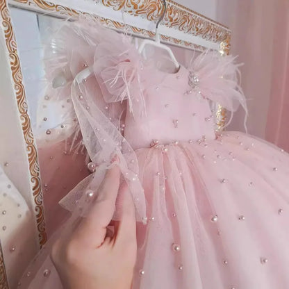 Pearl Decorated Puffy Pink Princess Dress for Girl&