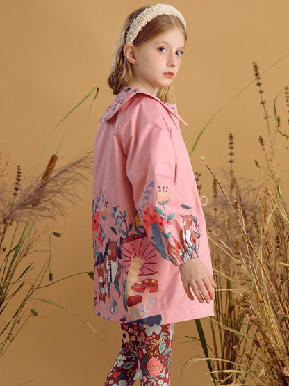 Flowers Printed Peter Pan Collar Girls Trench Coat childrensterritory