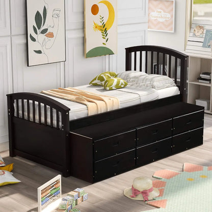 A Twin-Sized Wooden Platform Bed with Six Drawers for Storage