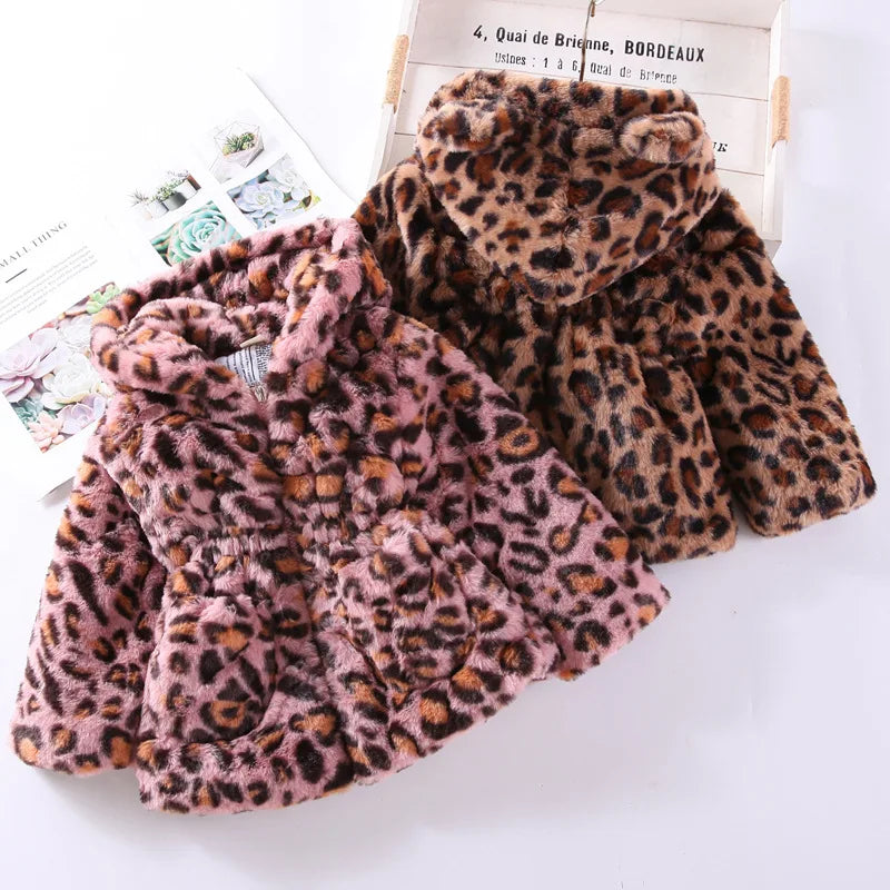 Leopard Print Girls Loose Warm Hooded Jackets childrensterritory