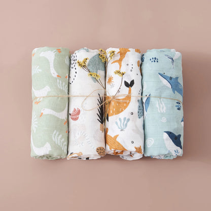 Print Bamboo Cotton Muslin Baby Swaddle, 4PCS Gift Set