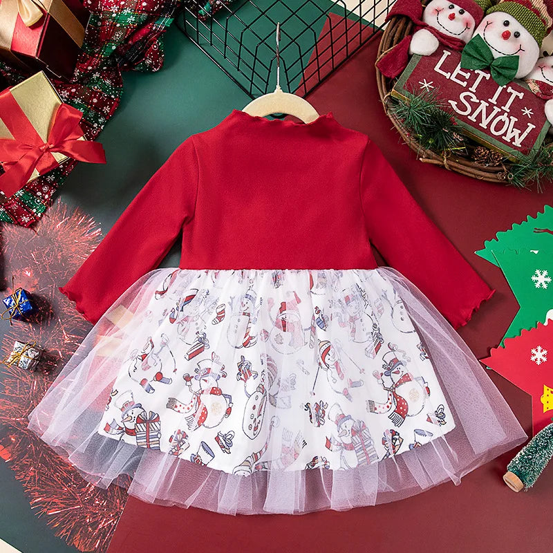 Girls' Long-Sleeved Bow Design Christmas Party Dresses