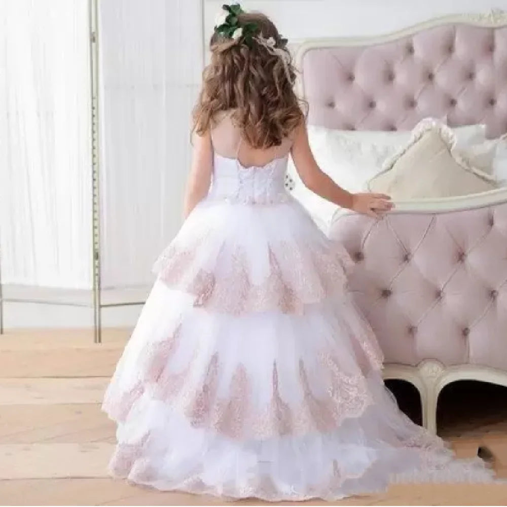 Lovely Sheer Neck Lace Design Little Princess First Communion Dress
