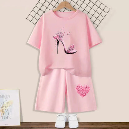 Kids Girls Butterfly High Heel T-shirt +Shorts 2 Piece Tracksuits childrensterritory