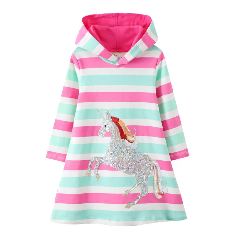 Kids Girls Long Sleeve Cartoon Design Hooded Dresses childrensterritory
