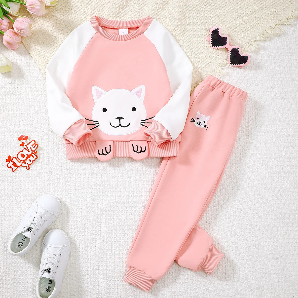 Girls Cartoon Letter Print Sweatshirt and Trousers Set