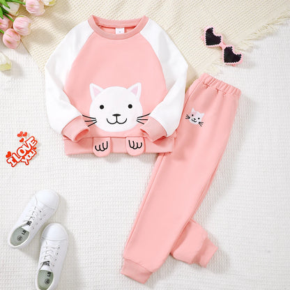 Girls Cartoon Letter Print Sweatshirt and Trousers Set