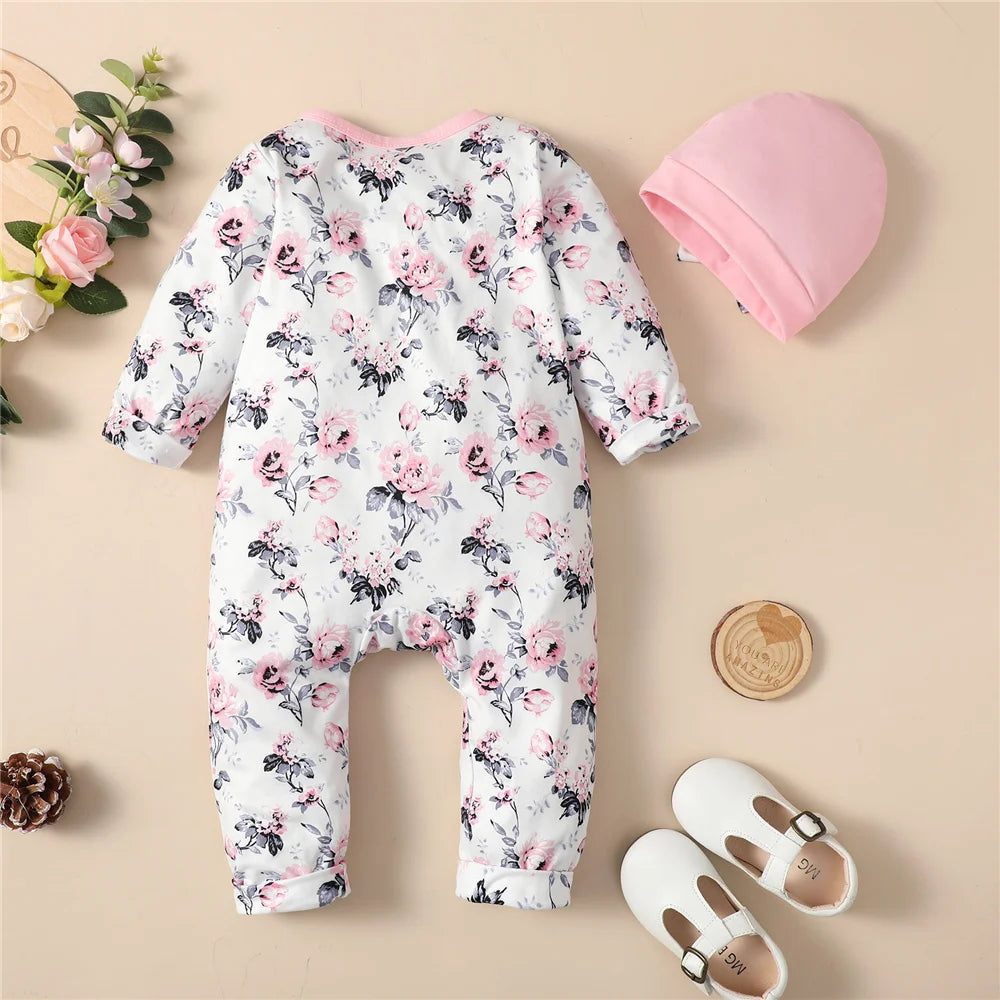 Baby Girl Long Sleeve Flower Bodysuit with Hat