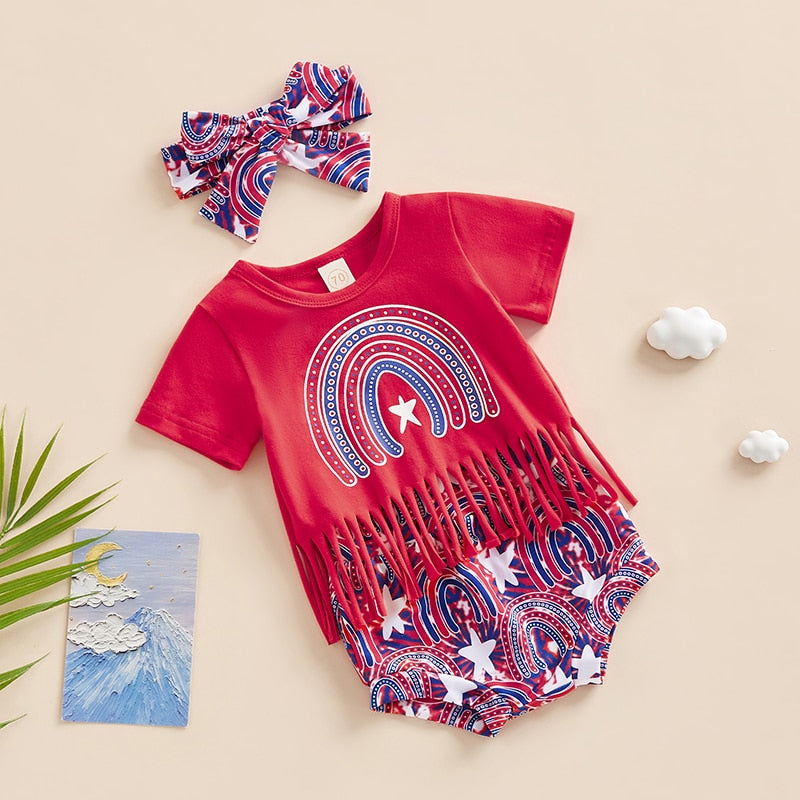 Stars Rainbow Print 3Pcs Baby Girl Independence Day Outfit childrensterritory