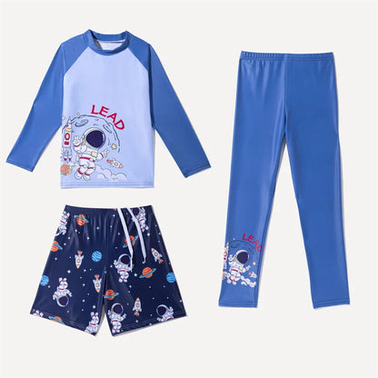Long Sleeve Printed Sun Protection Kids 3 Piece Swimsuit
