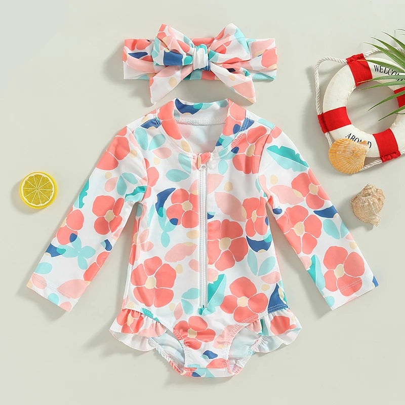 Floral Print Zipper Long Sleeve Baby Girls Swimsuit &amp; Headband