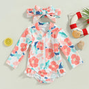 Floral Print Zipper Long Sleeve Baby Girls Swimsuit & Headband