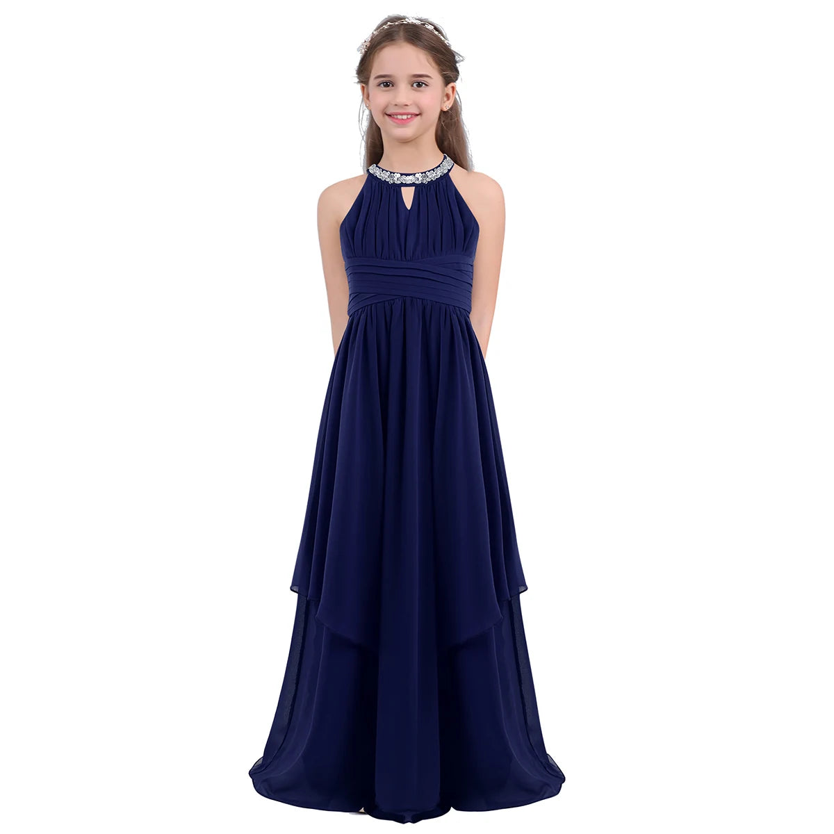Kids Girls Halter Lace Design Chiffon Long Prom Ball Gowns