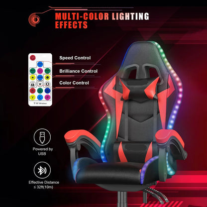 Reclining PU Leather Gaming Chair with LED Lights childrensterritory