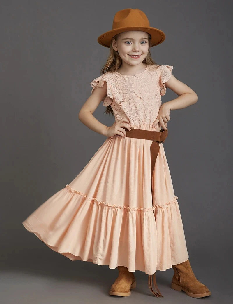 Kids Girls Stylish Lace Design Cotton Bohemia Long Dresses childrensterritory