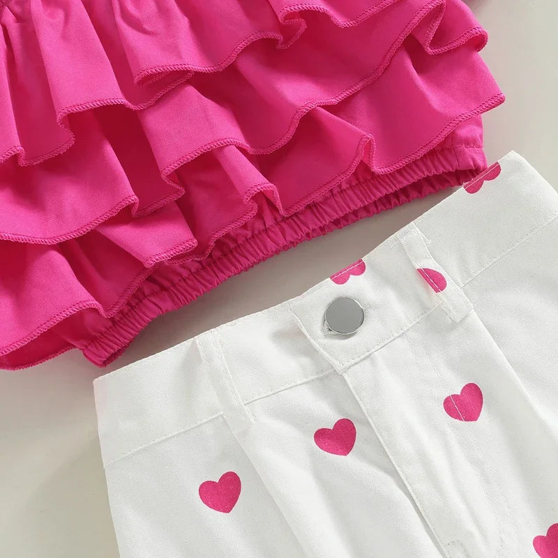 Kids Girls Sleeveless Ruffle Top Heart Print Short Outfit Set