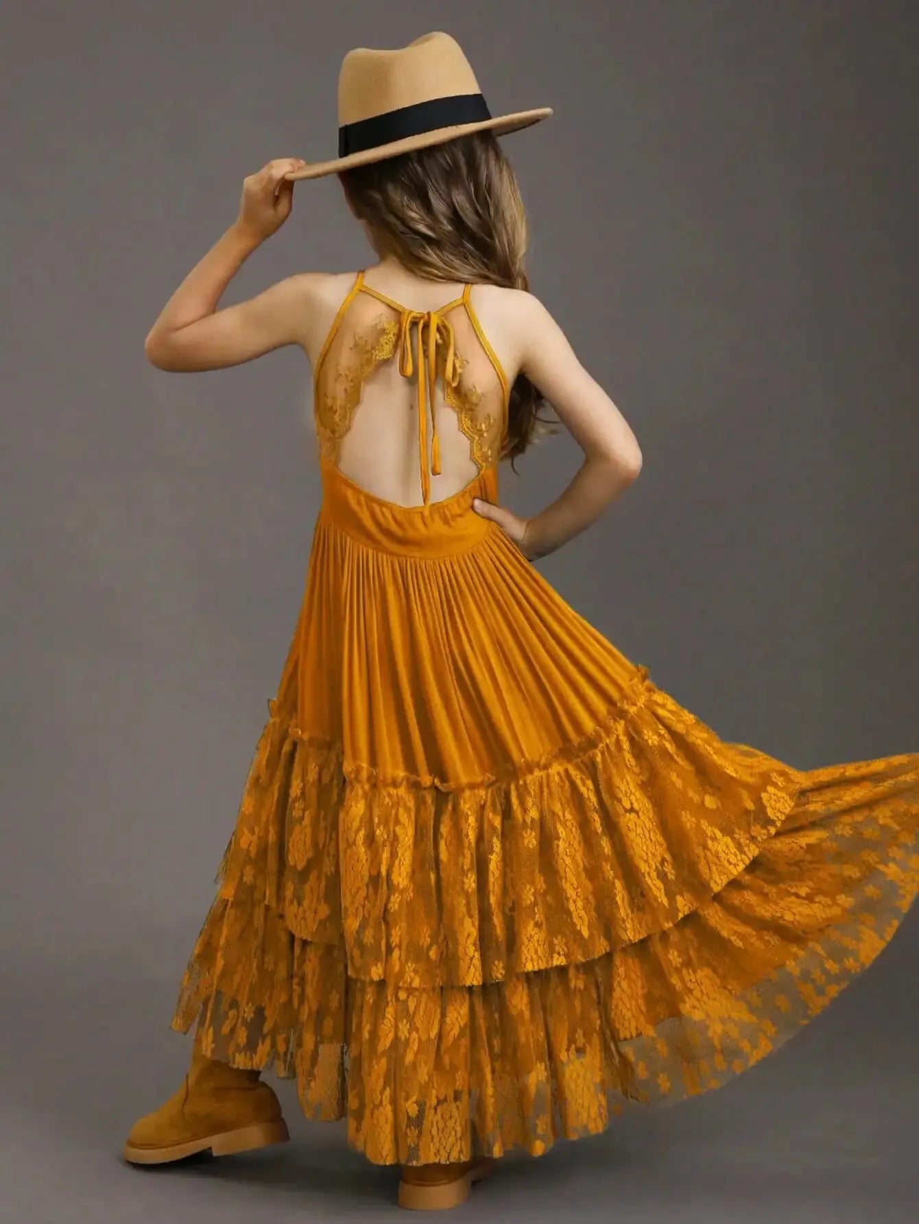 Kids Girls Long Lace Design Birthday Party Dresses