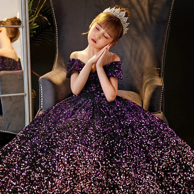 Little Girl Deep Purple Sequin Luxury Gowns/Party Dresses