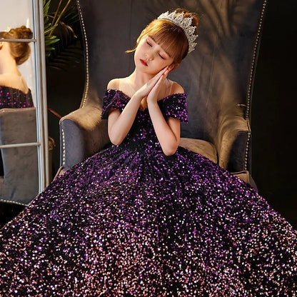 Little Girl Deep Purple Sequin Luxury Gowns/Party Dresses