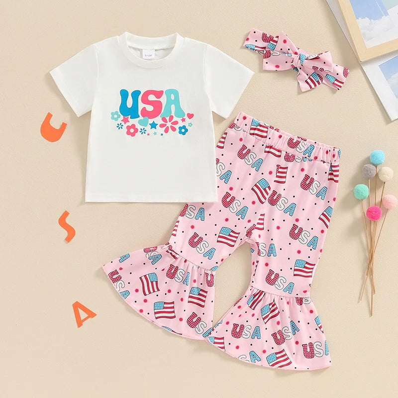 Letter Printed Shirt Floral Pant 4th of July Outfit for Baby Girl