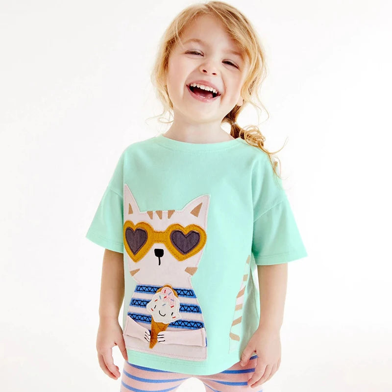 Animal Cats Appliques Little Girls Shorts Sleeve T Shirts childrensterritory