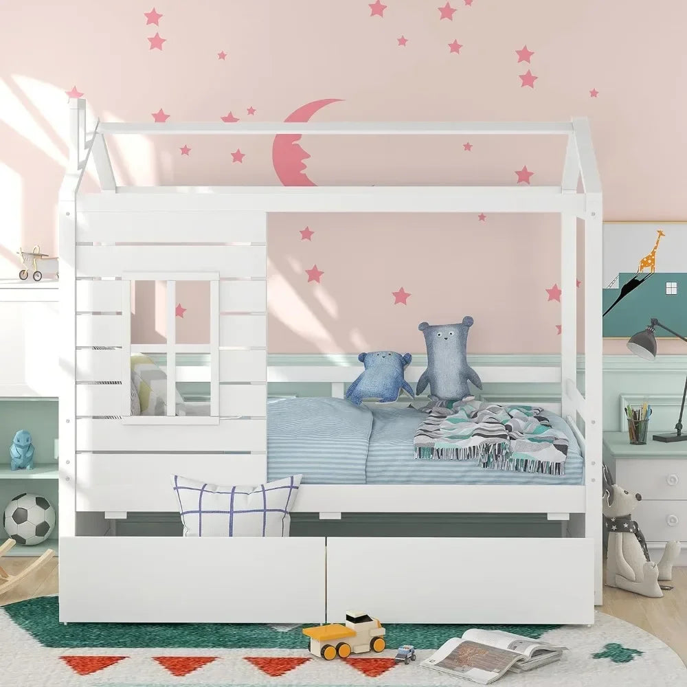 Twin Size Wood Storage Bunk Bed with Window and Roof