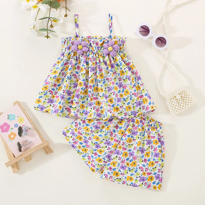 Baby Girls Fragmented Flower Strap Top+Chiffon Shorts Summer Outfit childrensterritory