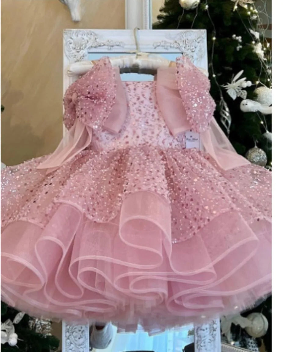 Pink Glitter Tiered Tutu Princess Birthday Party Prom Gown