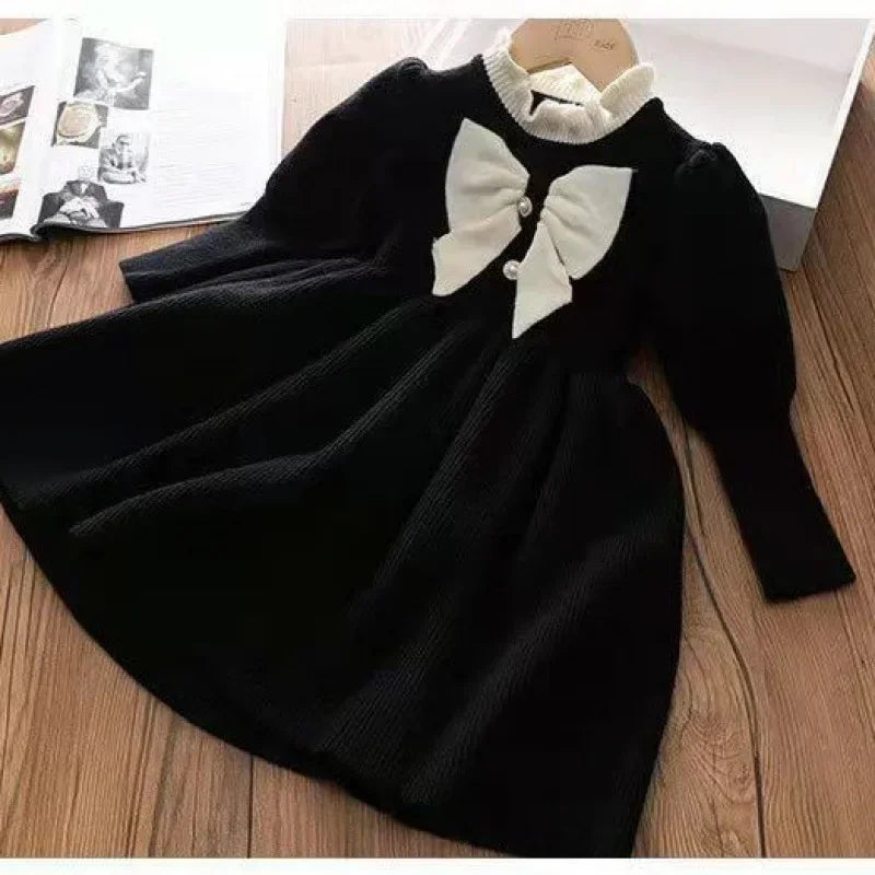 Little Girls Bow-Decorated Woolen Dress for New Year childrensterritory
