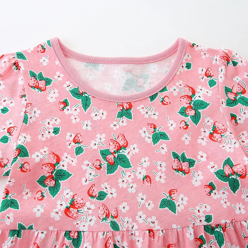 Kids Girls Strawberry Flowers Print Cotton Dress childrensterritory