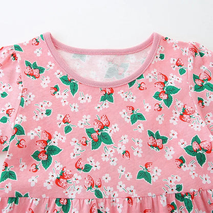 Kids Girls Strawberry Flowers Print Cotton Dress childrensterritory