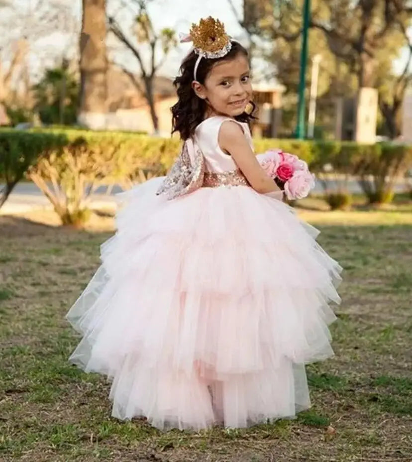 Tiered Tulle Princess Birthday Dress with Sequined Bow for Little Girls childrensterritory