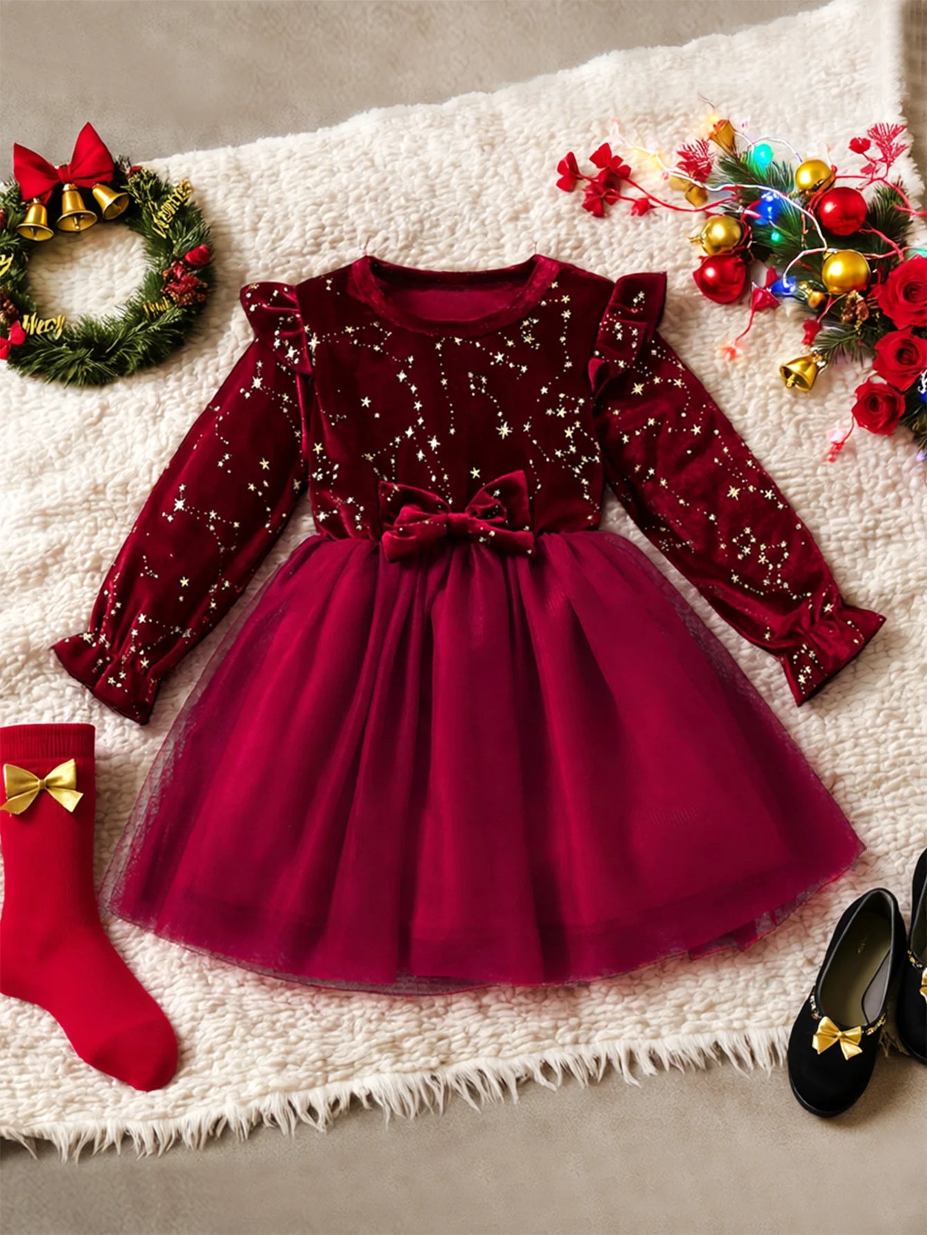 Girls' Long-Sleeved Bow Design Party Dresses