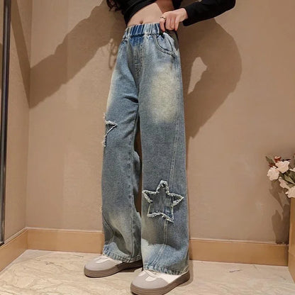 High Waist Wide-leg Kids Girls Denim Trousers childrensterritory