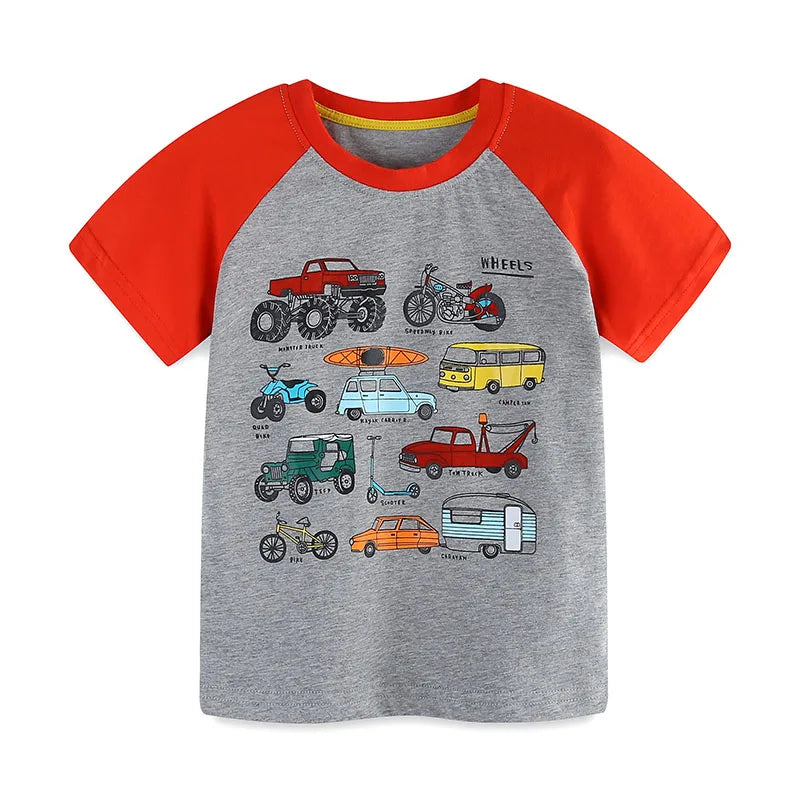Kids Boys Cartoon Vehicles Print Grey Summer T-shirt childrensterritory