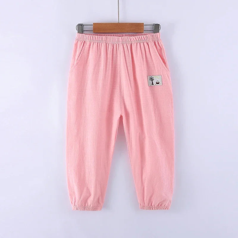 Elastic Waist Solid Color Children Cotton Trousers For Boys Girls