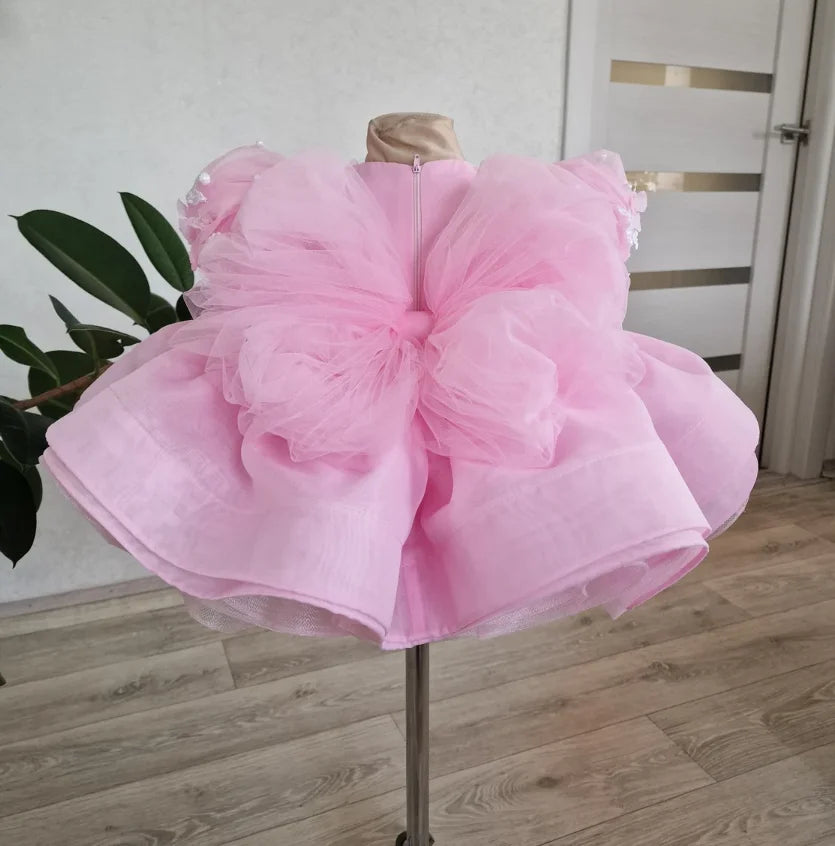 Little Girls Fluffy Tulle First Birthday Dress with Bow