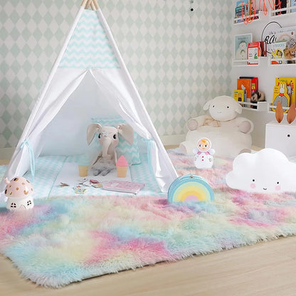 Soft Furry Rainbow Rugs for Kids Bedroom Decor