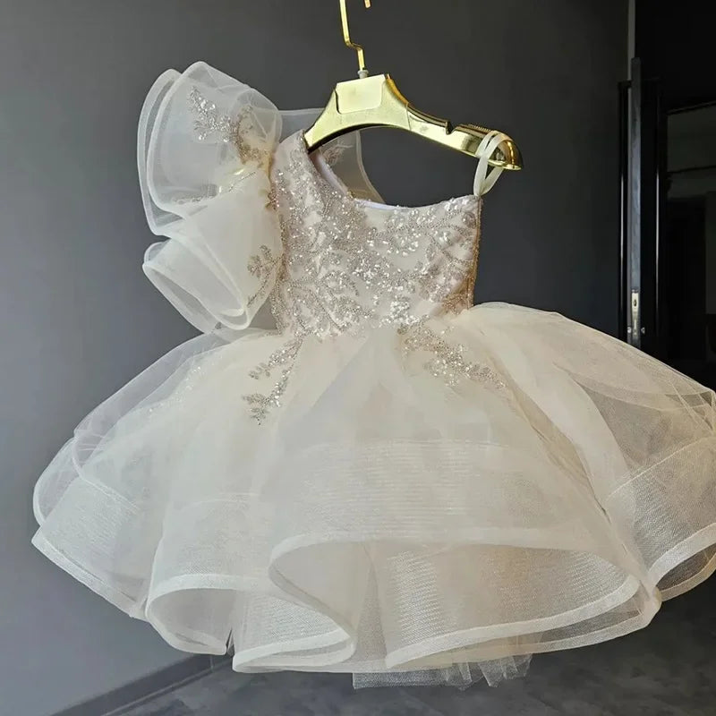 Little Girl Off Shoulder Floral Sequins Tulle Princess Party Dress