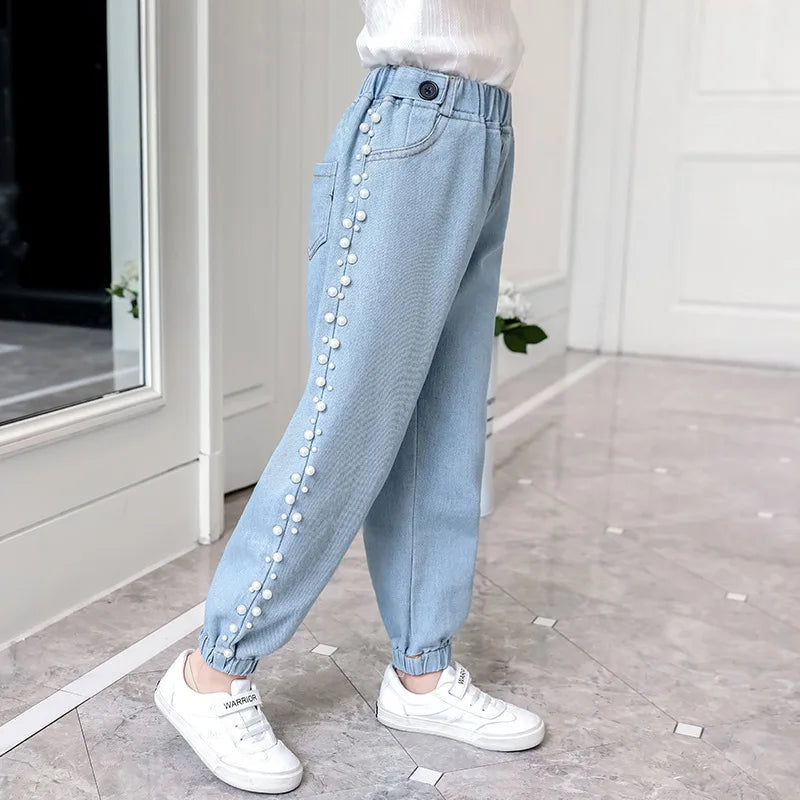 Casual High Waist Elastic Denim Pants for Girls