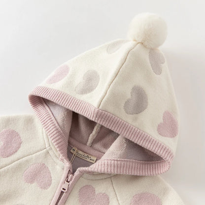 Kids Girls Heart Design Knitted Hooded Zipper Cardigan childrensterritory