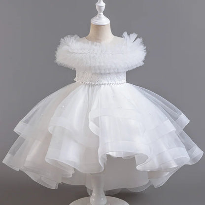 Little Girls Fluffy Solid Color Mesh Lace Design Party Dresses childrensterritory
