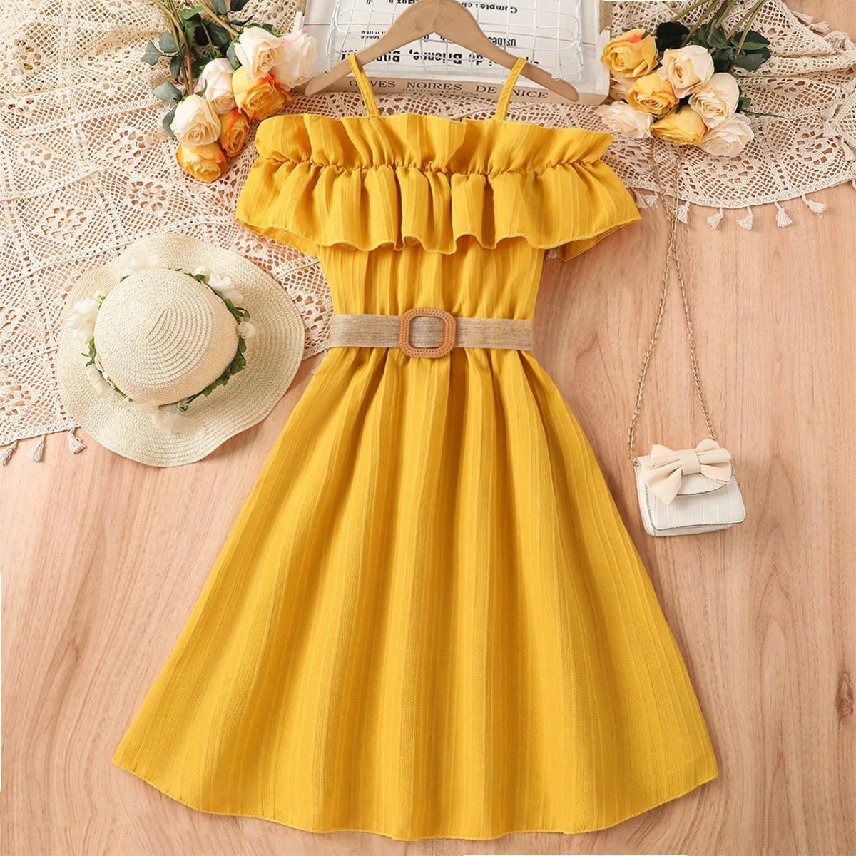 Kids Girls Off Shoulder Formal Summer Party Dresses With Belt