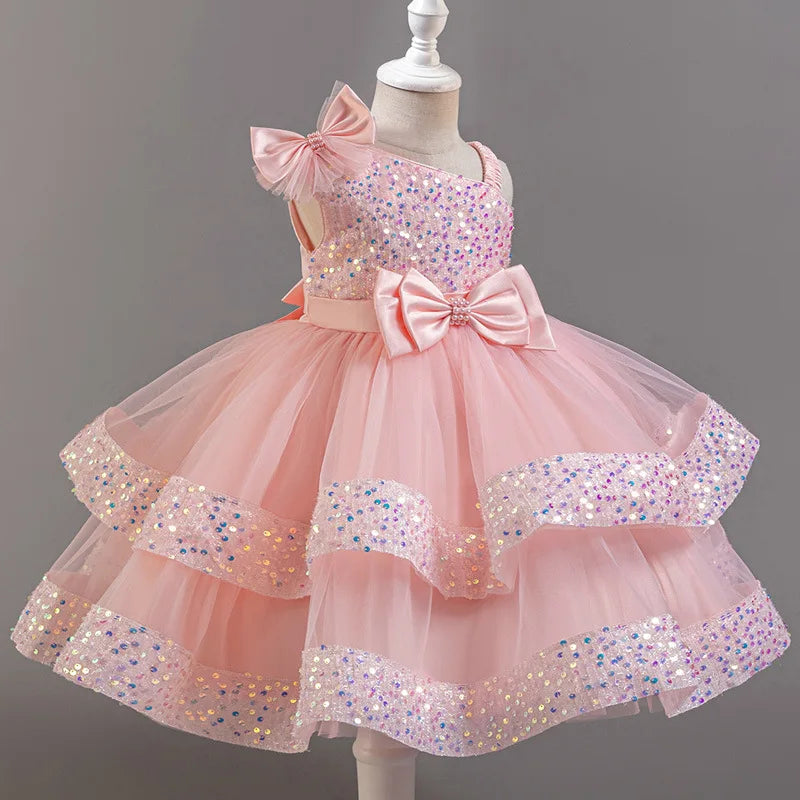 Kids Girls Sequins and Bow Design Birthday Party Flower Dresses