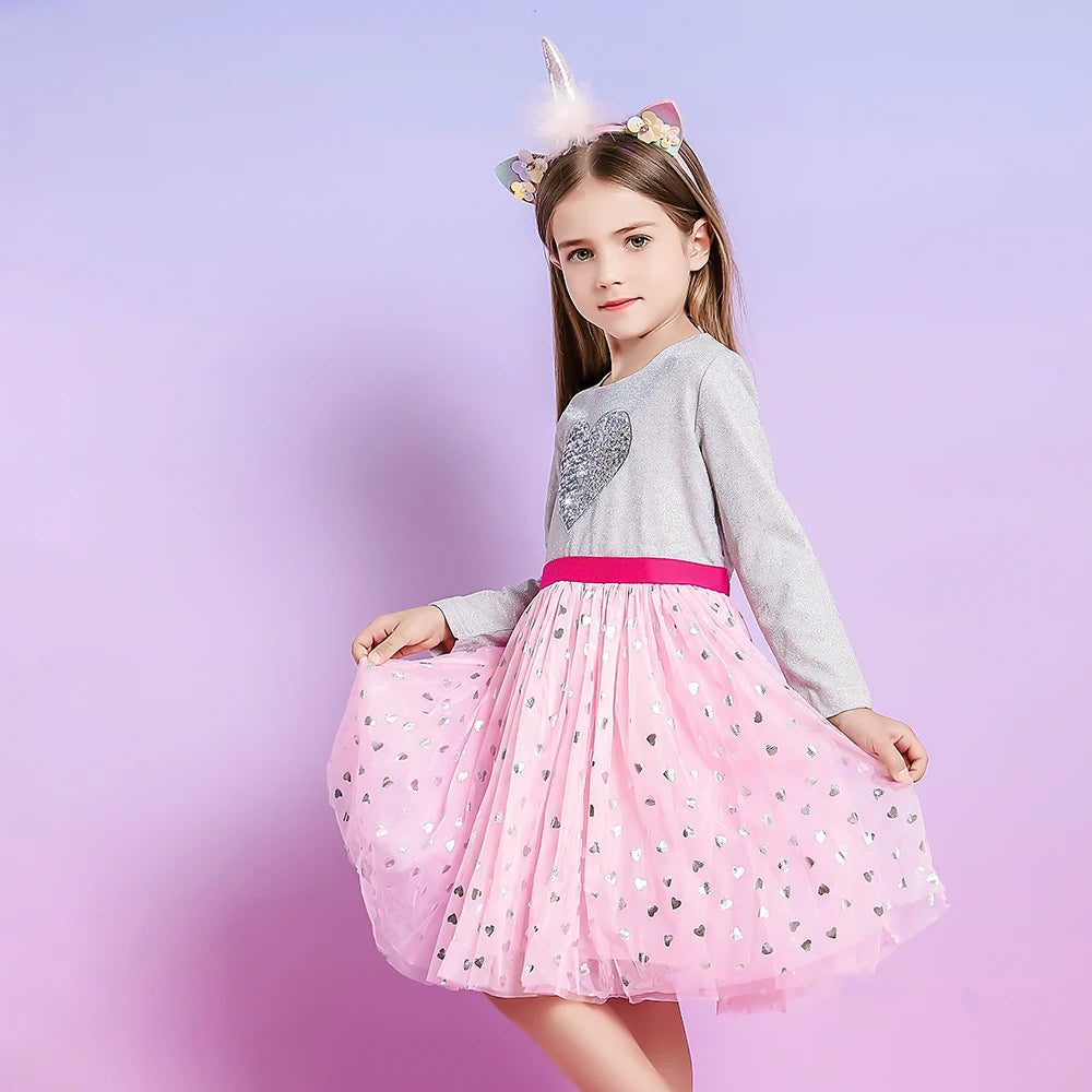Little Girls Sequin Heart Print Elegant Birthday Party Dress childrensterritory