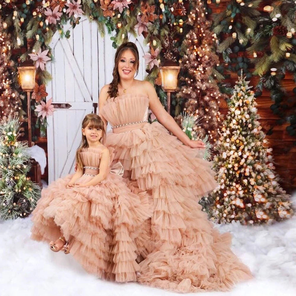 Mother-Daughter Ruffle Tulle Matching Party Dresses